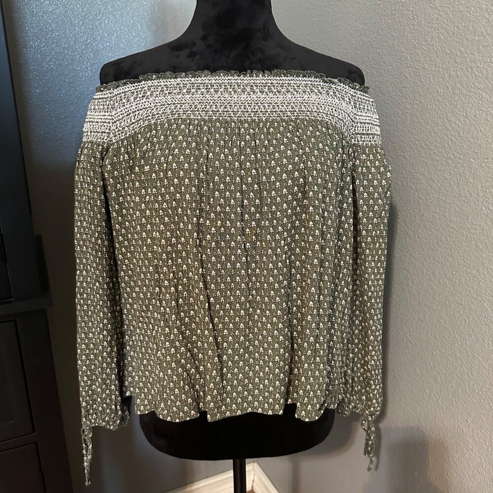 Abercrombie & Fitch Blouse S Green Floral Off Shoulder Long Sleeve Boho‎ Peasant